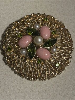 Vintage Sarah Coventry Gold-Tone Floral Brooch with Pink and Green Stones(836)